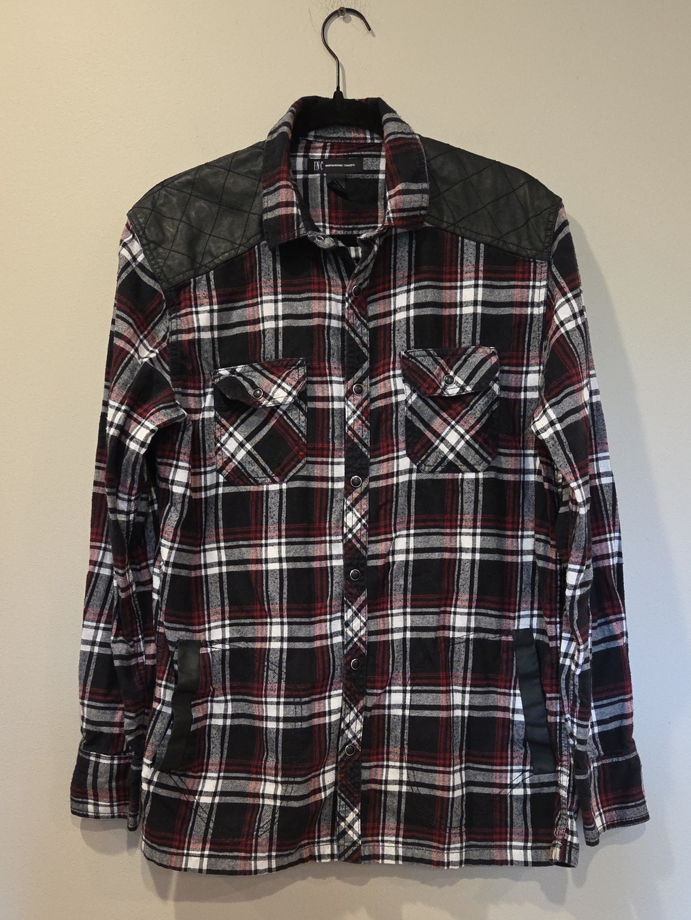 INC Red and Black Plaid Button-Up Shirt with Quilted Shoulder Panels